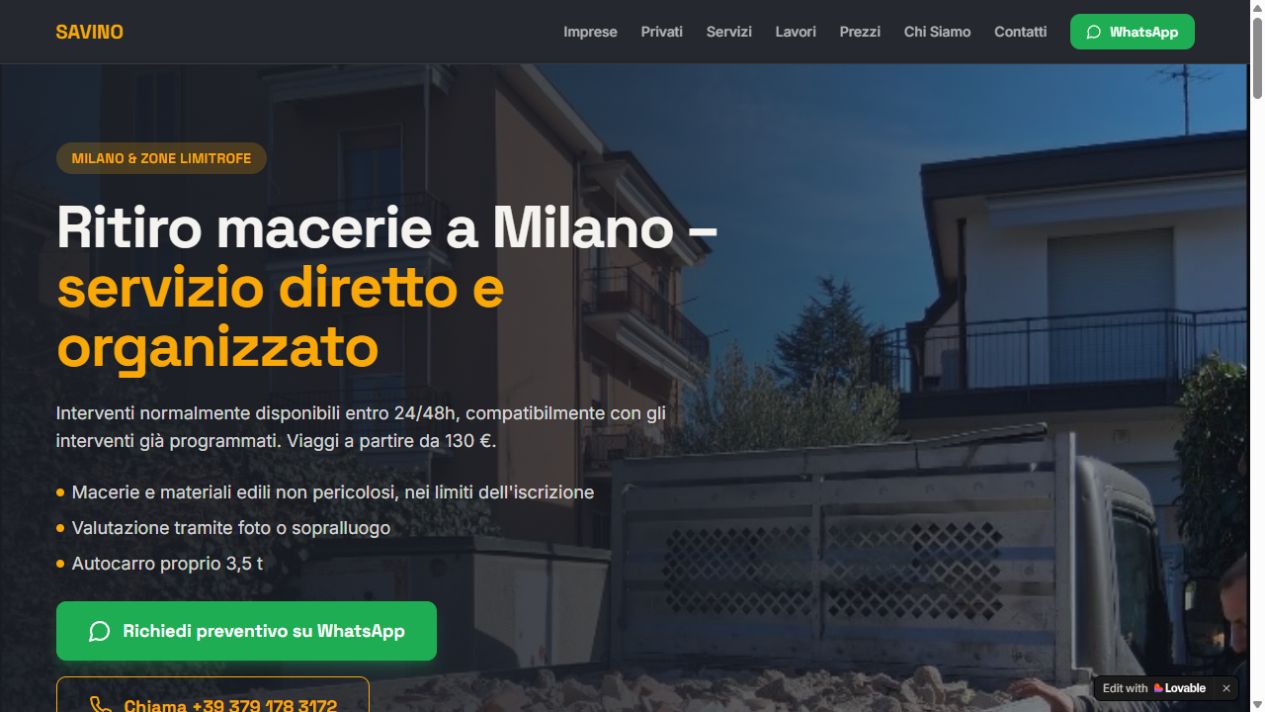 Screenshot reale della landing Ritiro macerie Milano